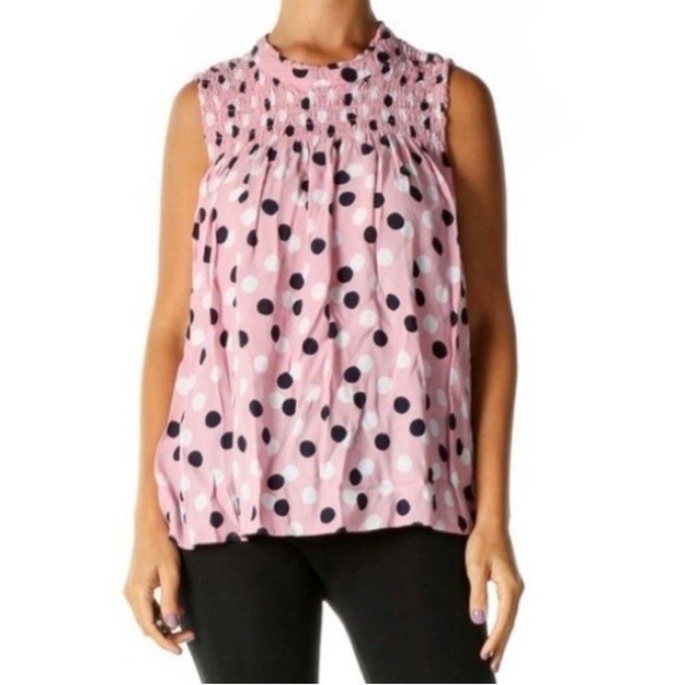 Crown and Ivy Women’s M  VNeck pink blue white polka dots RN31104